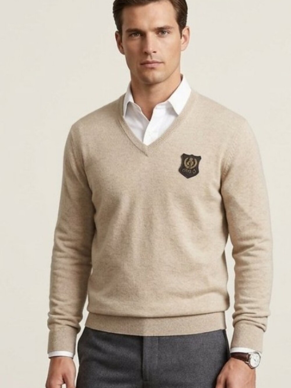 Polo by Ralph Lauren Vintage Patch Of Polo Logo Beige V-Neck Sweater with Crest